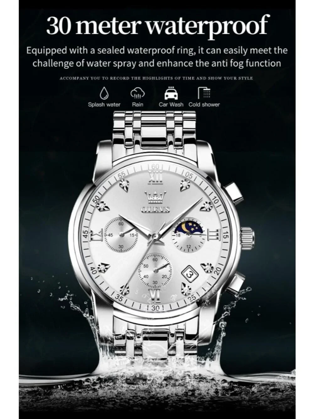 Mens Silver Diamond Classic Analog Quartz Stainless Luminous Round Classic Watch